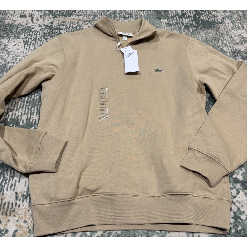 NWT Lacoste Quarter Zip Sweatshirt Mock Neck Beige Tan Viennese Size 4 Medium